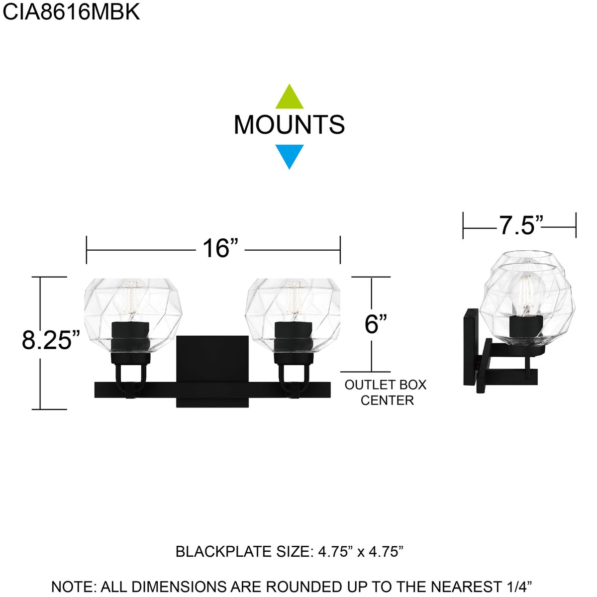 Quoizel Celina 16in 2-Light Vanity Light | Modern Matte Black and Clear Faceted Glass | Bathroom Vanity & Powder Room | Model CIA8616MBK