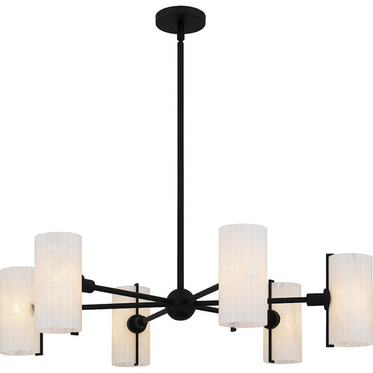 Quoizel Curran 36in 6-Light Chandelier | Transitional Matte Black and Clear Ribbed Swirl Glass | Dining Room & Foyer | Model CRR5036MBK