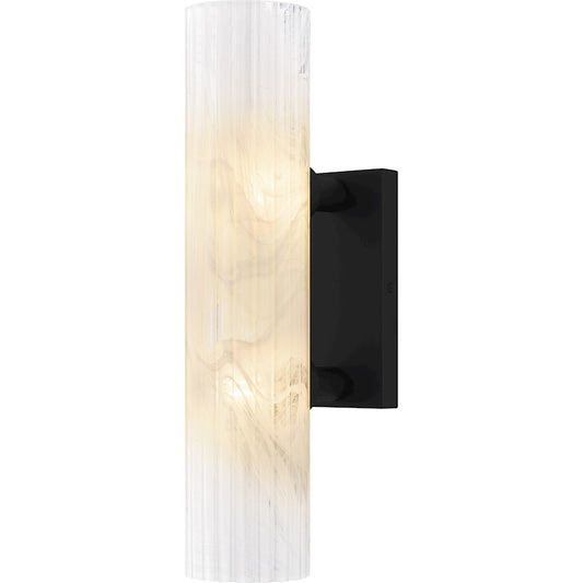 Quoizel Curran 18in 2-Light Wall Sconce | Transitional Matte Black and Clear Ribbed Swirl Glass | Bedroom & Hallway | Model CRR8805MBK