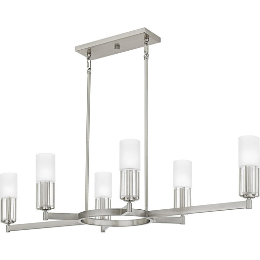 Quoizel Cruz 48in 6-Light Island Chandelier | Transitional Brushed Nickel and Clear Etched Glass | Kitchen Island | Model CRZ648BN