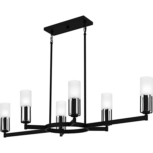 Quoizel Cruz 48in 6-Light Island Chandelier | Transitional Matte Black and Clear Etched Glass | Kitchen Island | Model CRZ648MBK