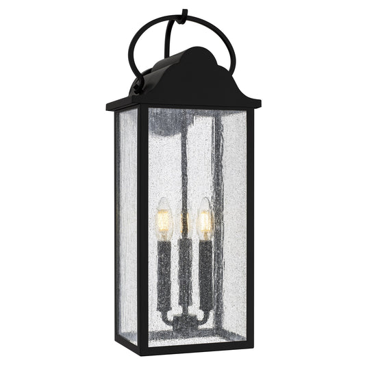 Quoizel Damian 22in 3-Light Outdoor Wall Lantern | Traditional Matte Black and Clear Seedy Glass | Front Door & Porch | Model DAM8408MBK