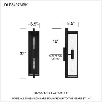 Quoizel Dale 32in 2-Light Outdoor Wall Lantern | Modern Matte Black and Clear Beveled Glass | Front Porch & Patio | Model DLE8407MBK