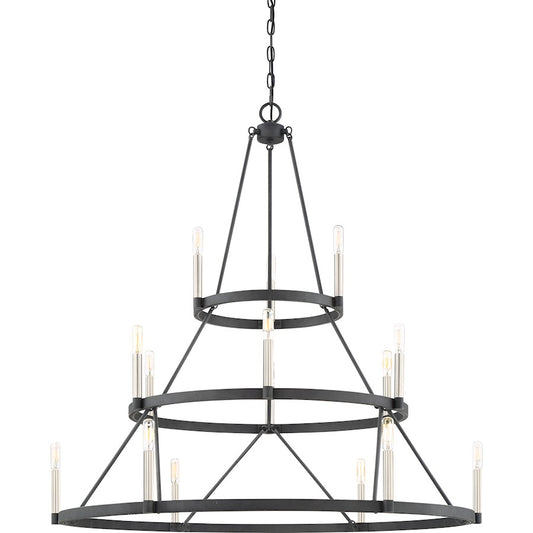 Quoizel Doran 40in 15-Light Chandelier | Modern Mottled Black Steel | Dining Room & Foyer | 40.25 x 40.25 x 40.75 in | Model DOR5015MB