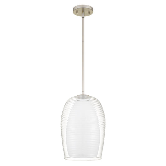 Quoizel Evelynn 10in 1-Light Mini Pendant | Transitional Brushed Nickel and Clear Ribbed Glass | Kitchen Island & Bar | Model EVN1510BN
