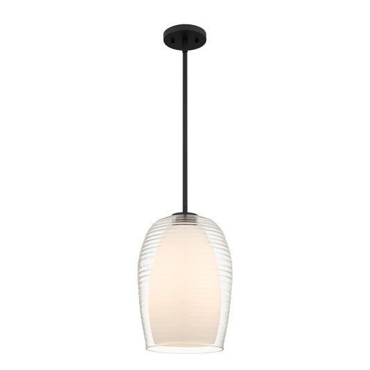 Quoizel Evelynn 10in 1-Light Mini Pendant | Transitional Matte Black and Clear Ribbed Glass | Kitchen Island & Bar | Model EVN1510MBK