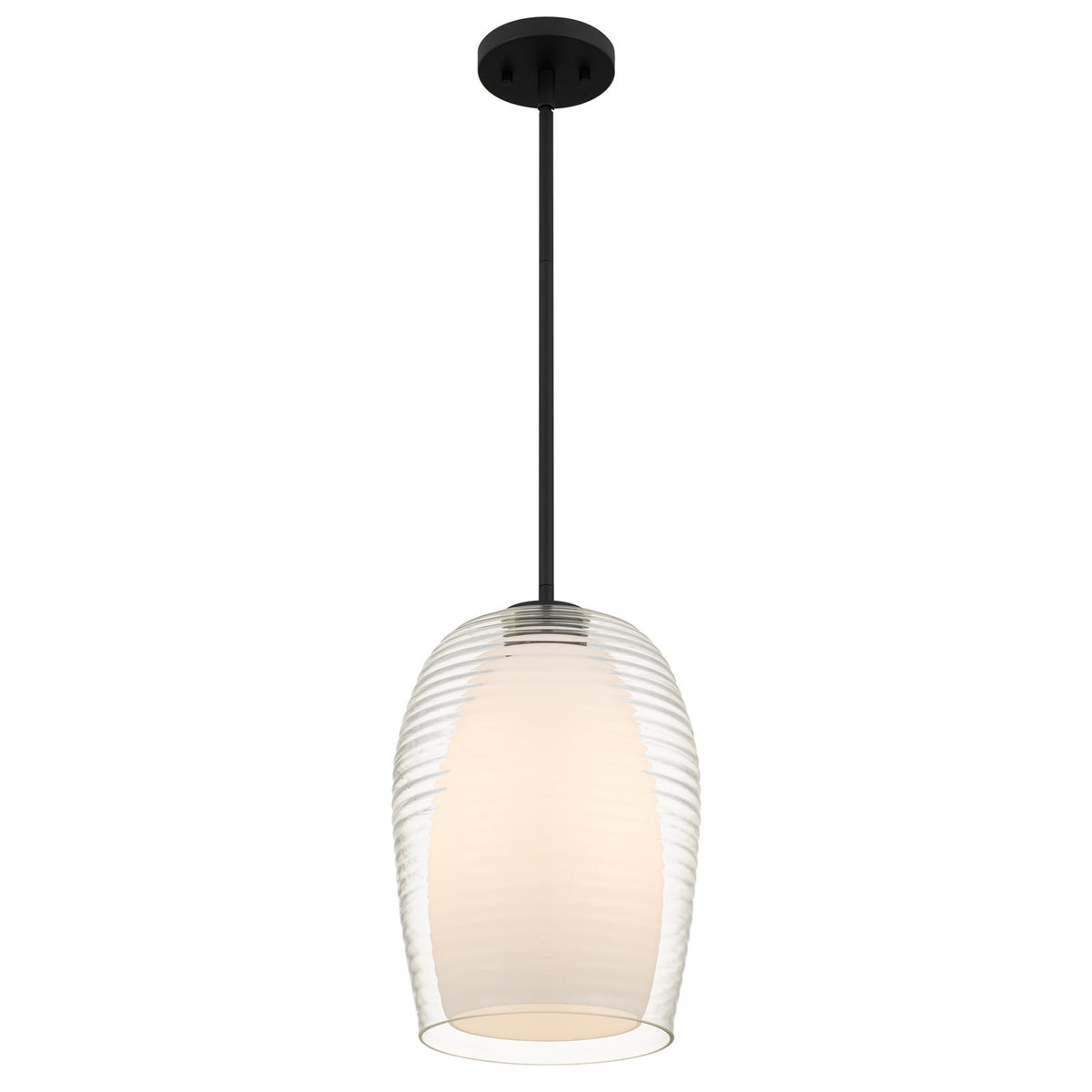 Quoizel Evelynn 10in 1-Light Mini Pendant | Transitional Matte Black and Clear Ribbed Glass | Kitchen Island & Bar | Model EVN1510MBK