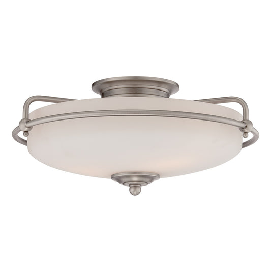 Quoizel Griffin 17in 3-Light Flush Mount | Soft Modern Antique Nickel and White Etched Glass | Hallway & Bedroom | 17 x 17 x 8 in | Model GF1617AN