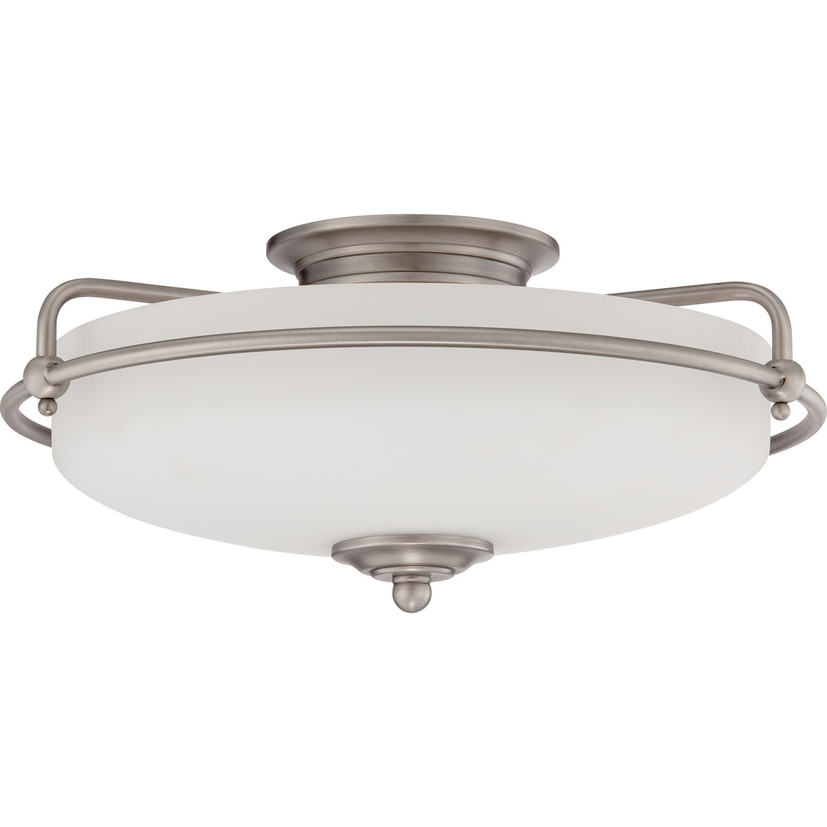 Quoizel Griffin 17in 3-Light Flush Mount | Soft Modern Antique Nickel and White Etched Glass | Hallway & Bedroom | 17 x 17 x 8 in | Model GF1617AN