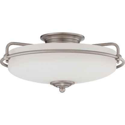 Quoizel Griffin 17in 3-Light Flush Mount | Soft Modern Antique Nickel and White Etched Glass | Hallway & Bedroom | 17 x 17 x 8 in | Model GF1617AN