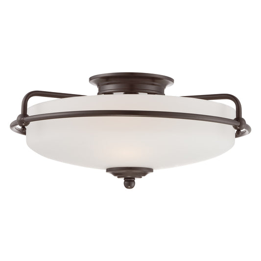 Quoizel Griffin 17in 3-Light Flush Mount | Soft Modern Palladian Bronze and White Etched Glass | Hallway & Bedroom | 17 x 17 x 8 in | Model GF1617PN