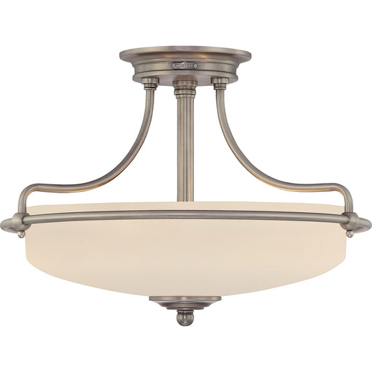 Quoizel Griffin 17in 3-Light Semi-Flush Mount | Soft Modern Antique Nickel and White Etched Glass | Bedroom & Hallway | Model GF1717AN