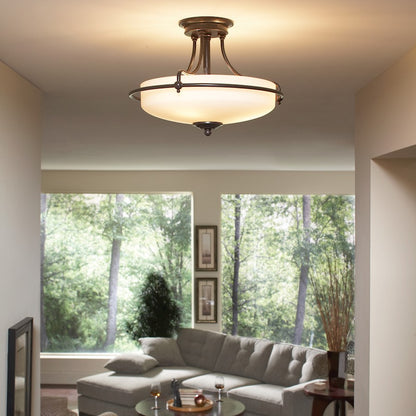 Quoizel Griffin 17in 3-Light Semi-Flush Mount | Soft Modern Palladian Bronze and White Etched Glass | Bedroom & Hallway | Model GF1717PN