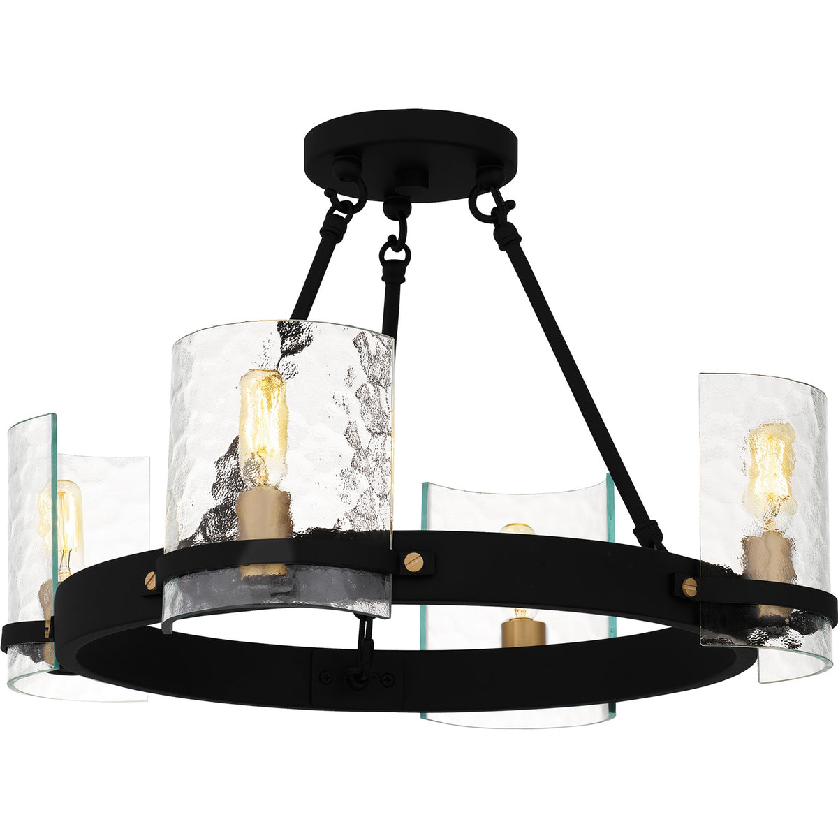 Quoizel Gloucester 20in 4-Light Semi-Flush Mount | Industrial Matte Black and Clear Hammered Glass | Bedroom & Hallway | Model GLC1720MBK