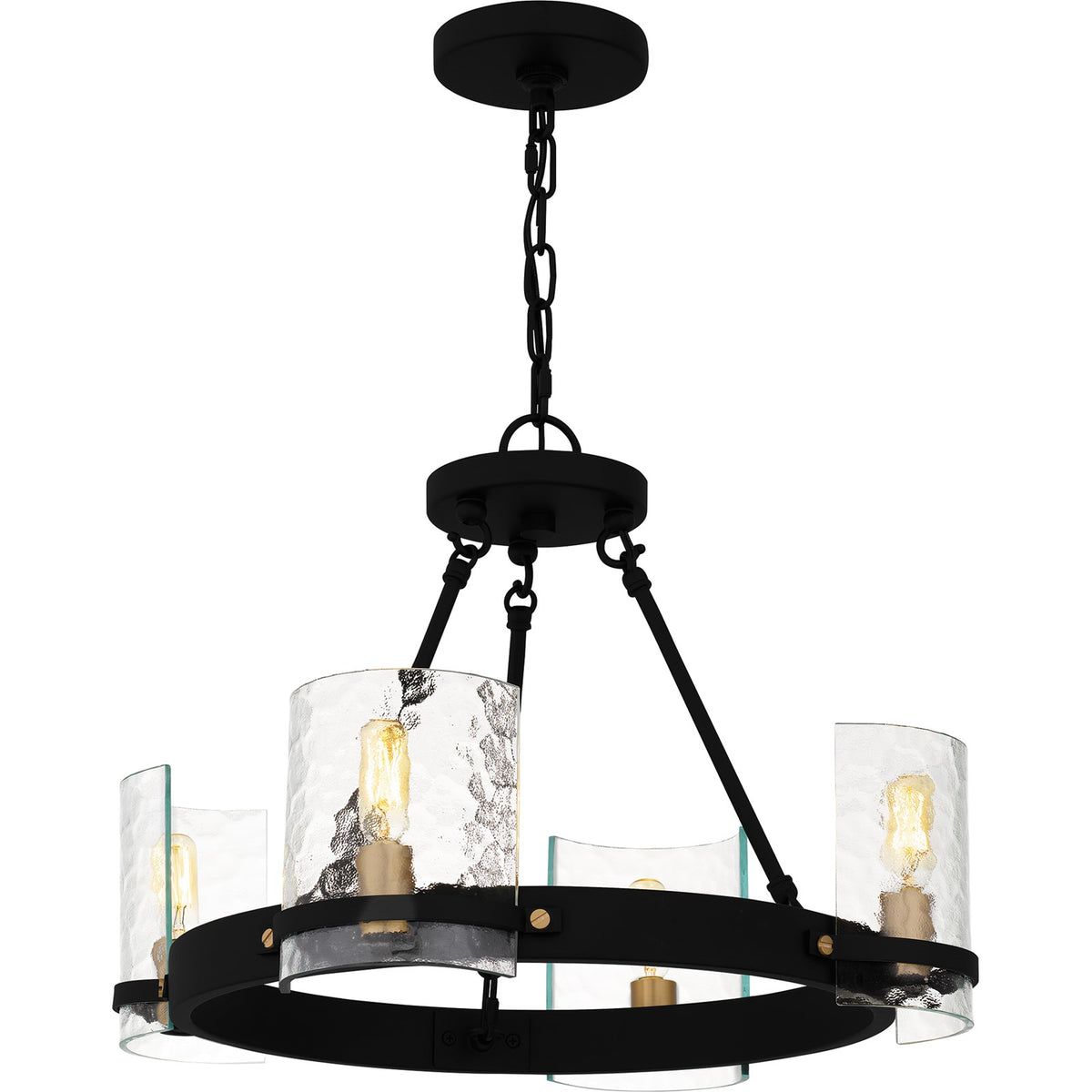 Quoizel Gloucester 20in 4-Light Chandelier | Industrial Matte Black and Clear Hammered Glass | Dining Room & Foyer | Model GLC5020MBK