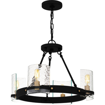 Quoizel Gloucester 20in 4-Light Chandelier | Industrial Matte Black and Clear Hammered Glass | Dining Room & Foyer | Model GLC5020MBK