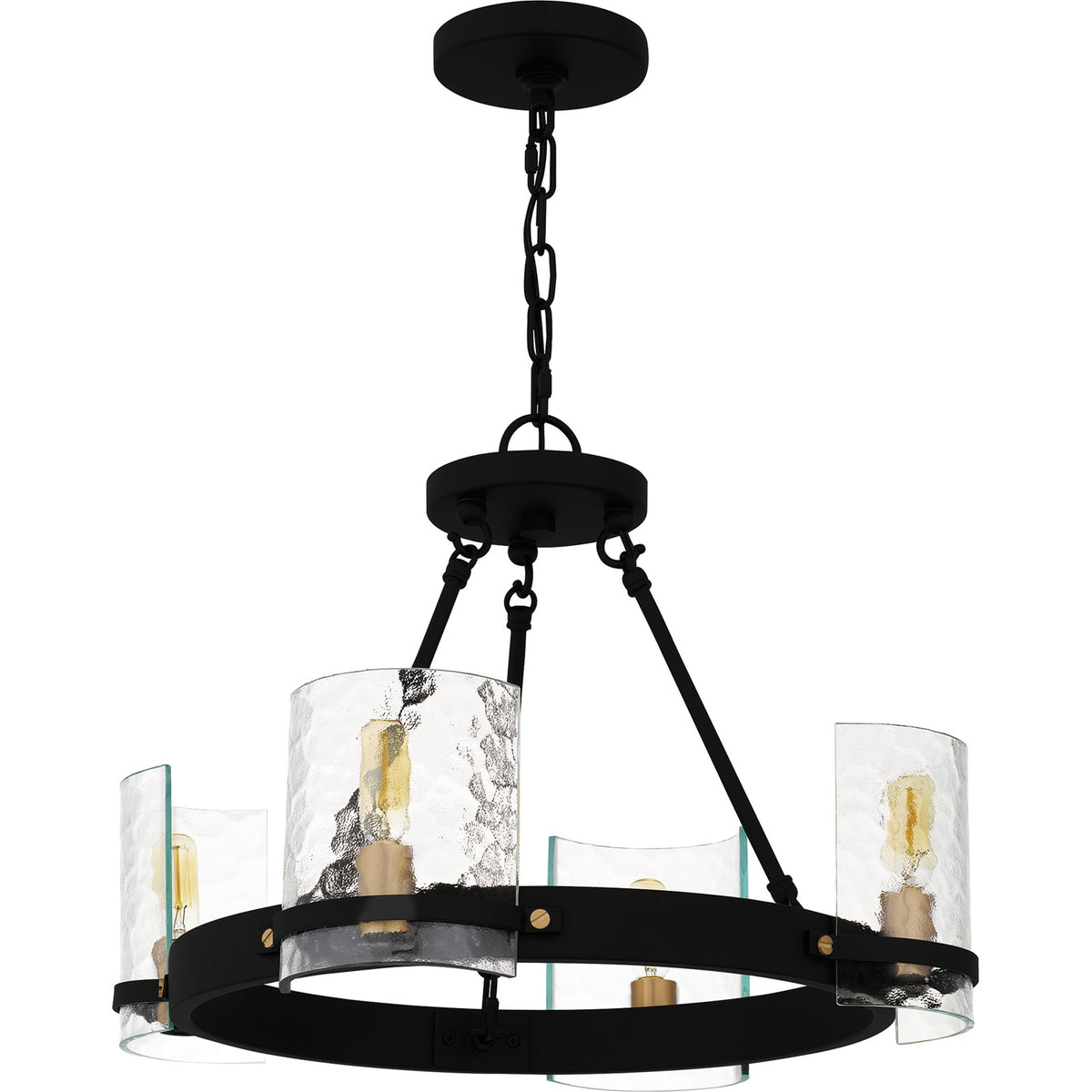 Quoizel Gloucester 20in 4-Light Chandelier | Industrial Matte Black and Clear Hammered Glass | Dining Room & Foyer | Model GLC5020MBK