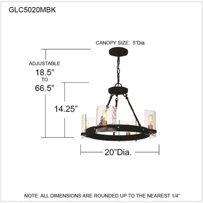 Quoizel Gloucester 20in 4-Light Chandelier | Industrial Matte Black and Clear Hammered Glass | Dining Room & Foyer | Model GLC5020MBK