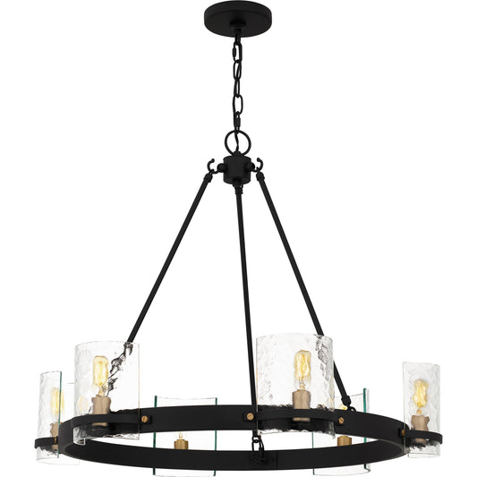 Quoizel Gloucester 28in 6-Light Chandelier | Industrial Matte Black and Clear Hammered Glass | Dining Room & Foyer | Model GLC5028MBK