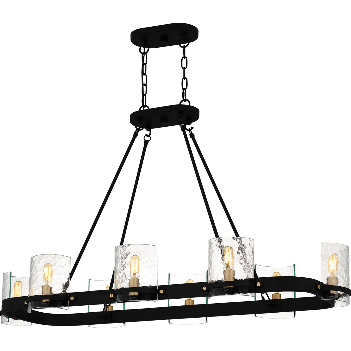 Quoizel Gloucester 42in 8-Light Linear Island Chandelier | Industrial Matte Black and Clear Hammered Glass | Kitchen Island | Model GLC842MBK