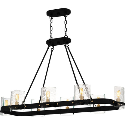 Quoizel Gloucester 42in 8-Light Linear Island Chandelier | Industrial Matte Black and Clear Hammered Glass | Kitchen Island | Model GLC842MBK