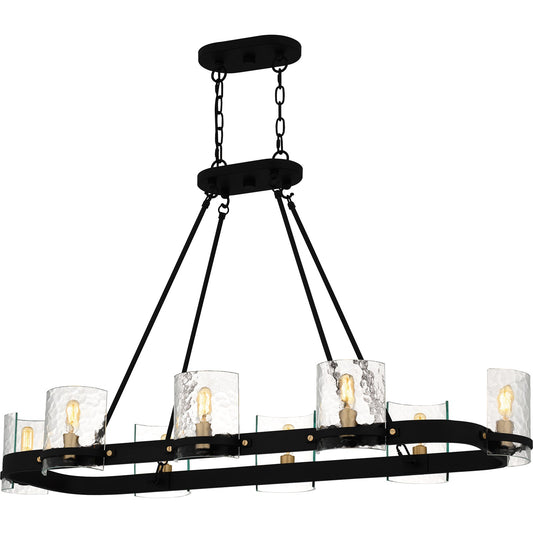 Quoizel Gloucester 42in 8-Light Linear Island Chandelier | Industrial Matte Black and Clear Hammered Glass | Kitchen Island | Model GLC842MBK