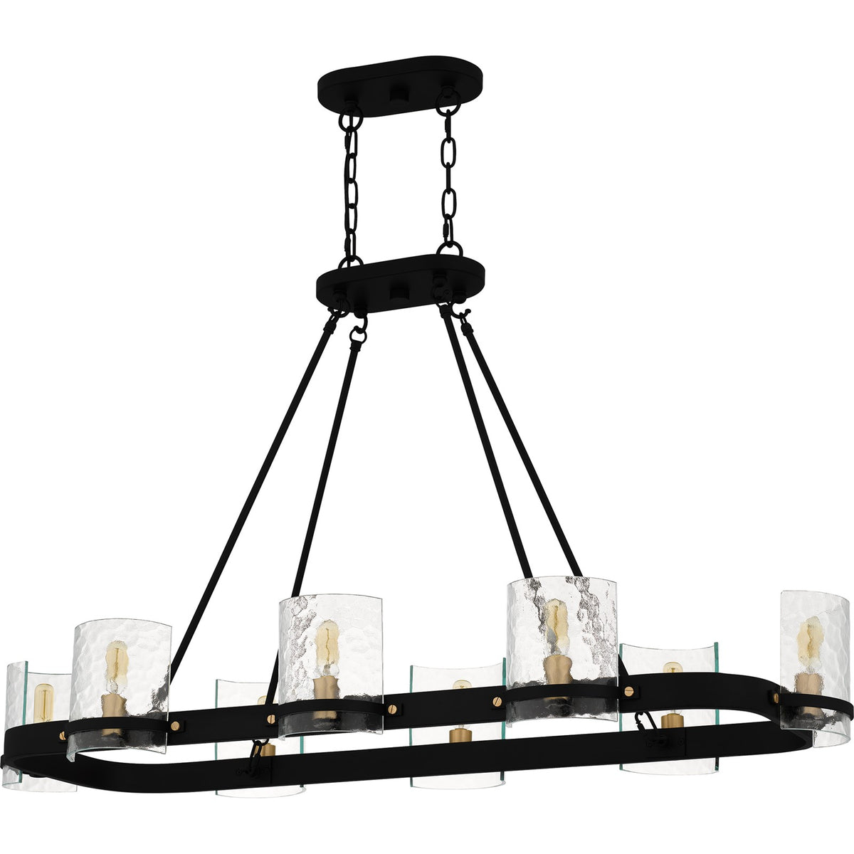 Quoizel Gloucester 42in 8-Light Linear Island Chandelier | Industrial Matte Black and Clear Hammered Glass | Kitchen Island | Model GLC842MBK