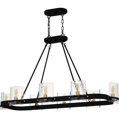 Quoizel Gloucester 42in 8-Light Linear Island Chandelier | Industrial Matte Black and Clear Hammered Glass | Kitchen Island | Model GLC842MBK