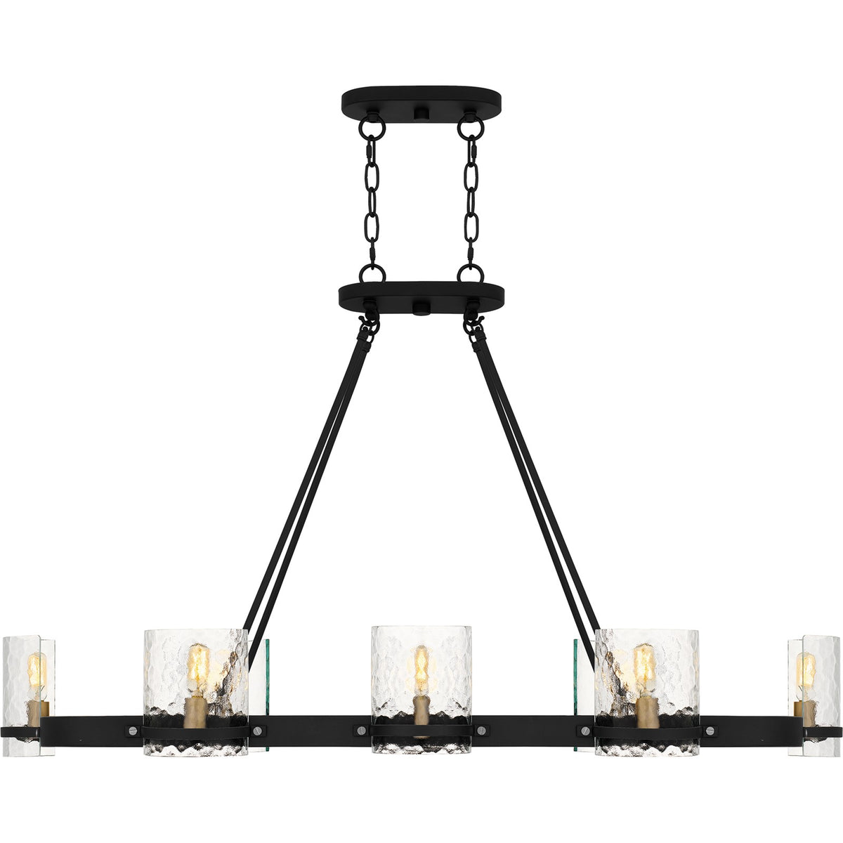 Quoizel Gloucester 42in 8-Light Linear Island Chandelier | Industrial Matte Black and Clear Hammered Glass | Kitchen Island | Model GLC842MBK