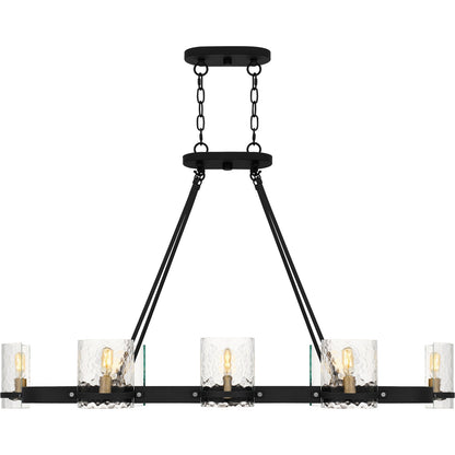 Quoizel Gloucester 42in 8-Light Linear Island Chandelier | Industrial Matte Black and Clear Hammered Glass | Kitchen Island | Model GLC842MBK