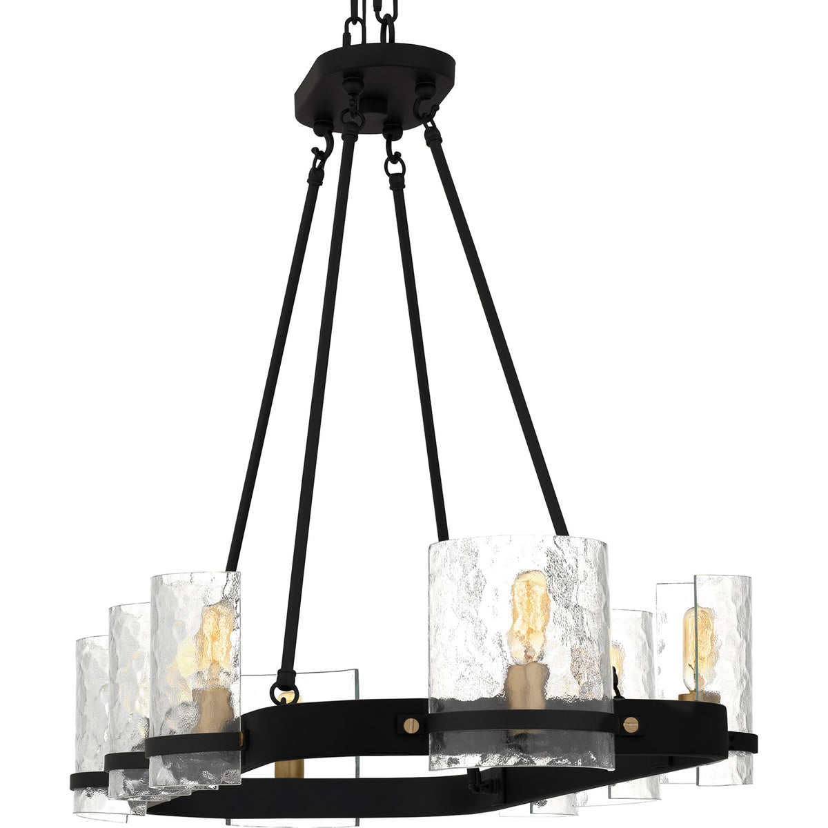 Quoizel Gloucester 42in 8-Light Linear Island Chandelier | Industrial Matte Black and Clear Hammered Glass | Kitchen Island | Model GLC842MBK