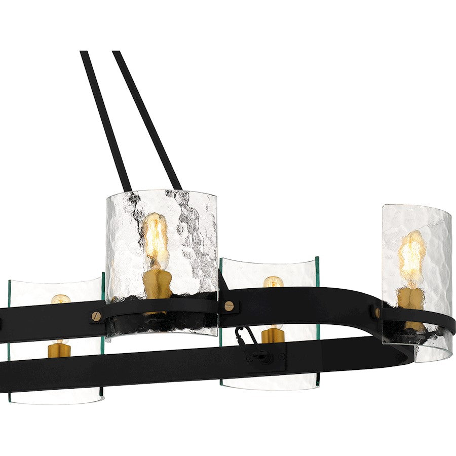 Quoizel Gloucester 42in 8-Light Linear Island Chandelier | Industrial Matte Black and Clear Hammered Glass | Kitchen Island | Model GLC842MBK