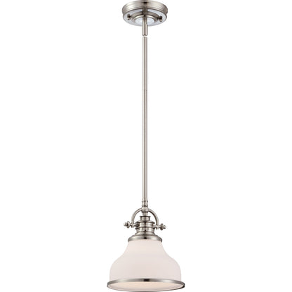 Quoizel Grant 8in 1-Light Mini Pendant | Classic Brushed Nickel and Opal Etched Glass | Kitchen Island & Breakfast Nook | Model GRT1508BN