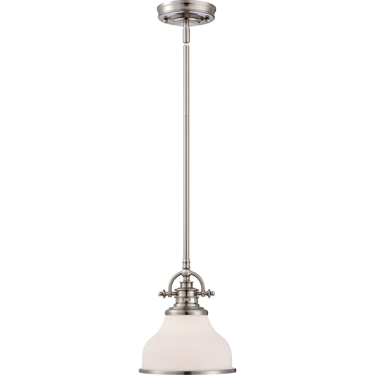 Quoizel Grant 8in 1-Light Mini Pendant | Classic Brushed Nickel and Opal Etched Glass | Kitchen Island & Breakfast Nook | Model GRT1508BN