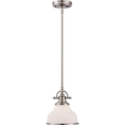 Quoizel Grant 8in 1-Light Mini Pendant | Classic Brushed Nickel and Opal Etched Glass | Kitchen Island & Breakfast Nook | Model GRT1508BN