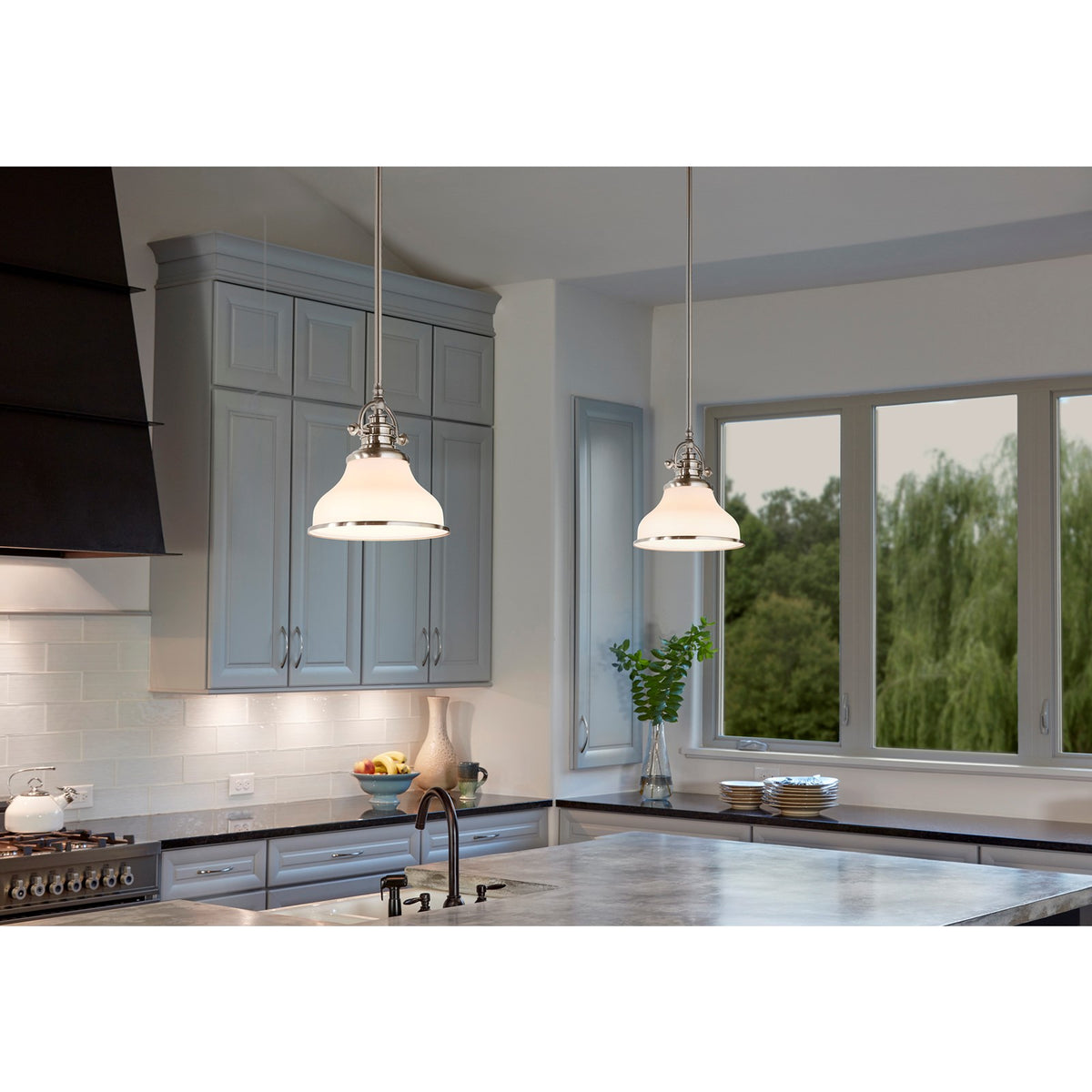 Quoizel Grant 8in 1-Light Mini Pendant | Classic Brushed Nickel and Opal Etched Glass | Kitchen Island & Breakfast Nook | Model GRT1508BN