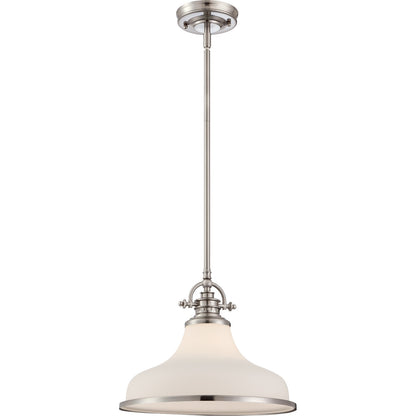 Quoizel Grant 13.5in 1-Light Pendant | Classic Brushed Nickel and Opal Etched Glass | Kitchen Island & Dining Room | Model GRT2814BN