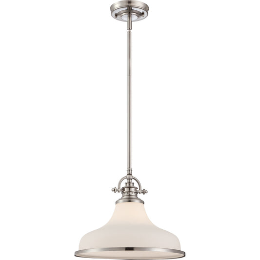 Quoizel Grant 13.5in 1-Light Pendant | Classic Brushed Nickel and Opal Etched Glass | Kitchen Island & Dining Room | Model GRT2814BN