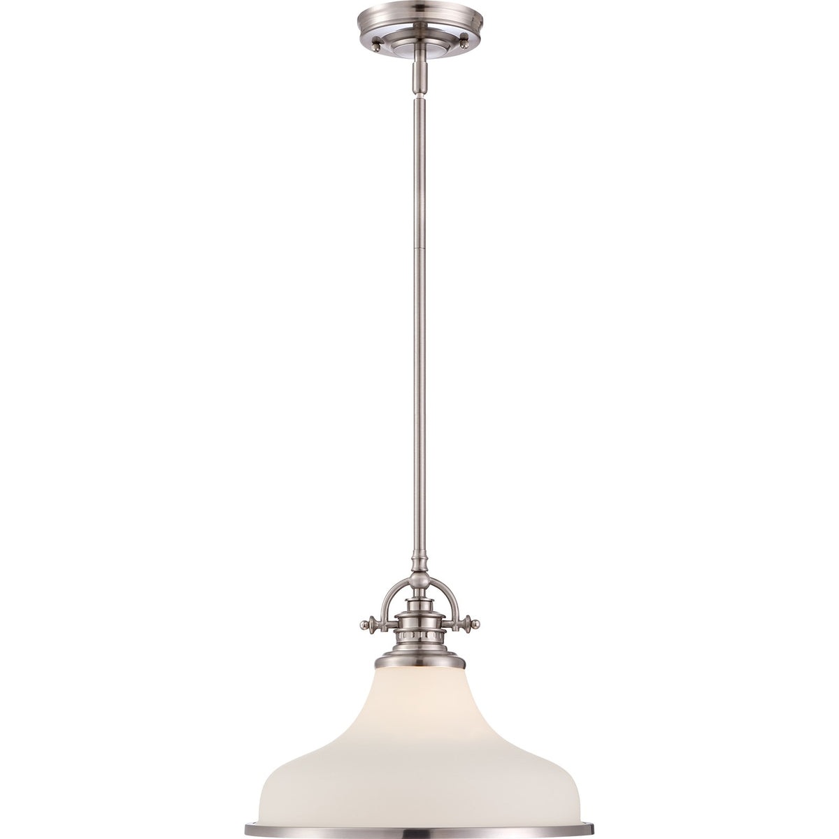 Quoizel Grant 13.5in 1-Light Pendant | Classic Brushed Nickel and Opal Etched Glass | Kitchen Island & Dining Room | Model GRT2814BN