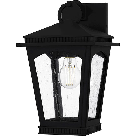 Quoizel Huck 9in 1-Light Outdoor Lantern | Traditional Earth Black and Clear Seedy Glass | Front Porch & Entryway | Model HUK8408EK