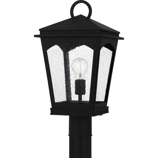 Quoizel Huck 10in 1-Light Outdoor Pendant | Traditional Earth Black and Clear Seedy Glass | Covered Patio & Porch | Model HUK9010EK