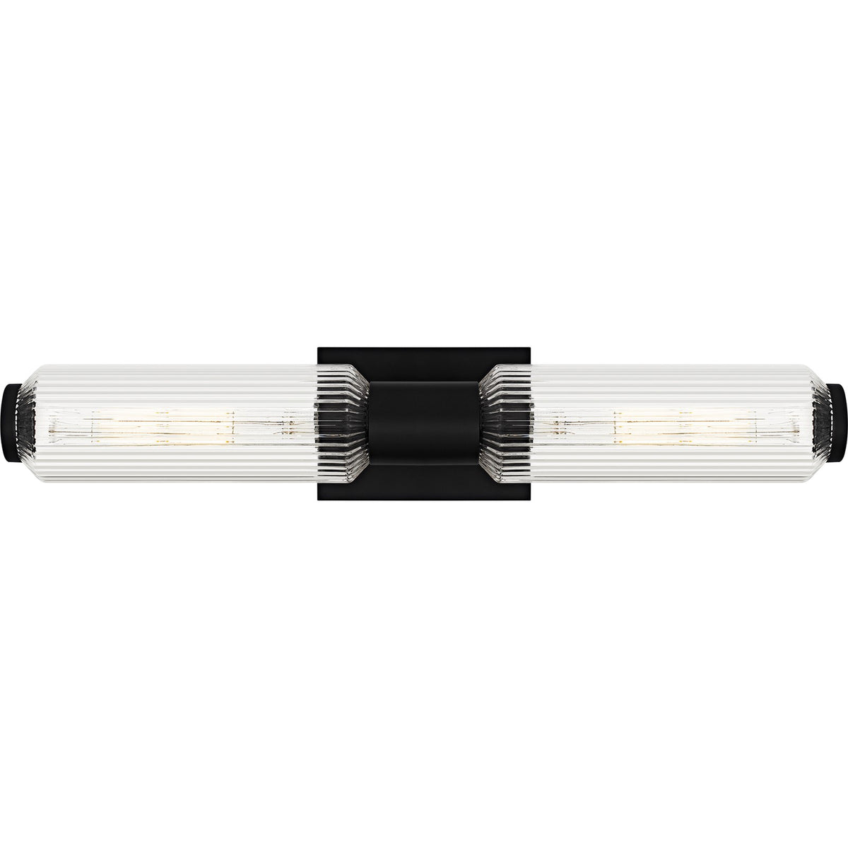 Quoizel Hawes 24in 2-Light Bath Light | Modern Matte Black and Clear Ribbed Glass | Bathroom Vanity & Wall Sconce | Model HWS8524MBK