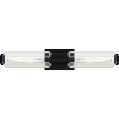 Quoizel Hawes 24in 2-Light Bath Light | Modern Matte Black and Clear Ribbed Glass | Bathroom Vanity & Wall Sconce | Model HWS8524MBK