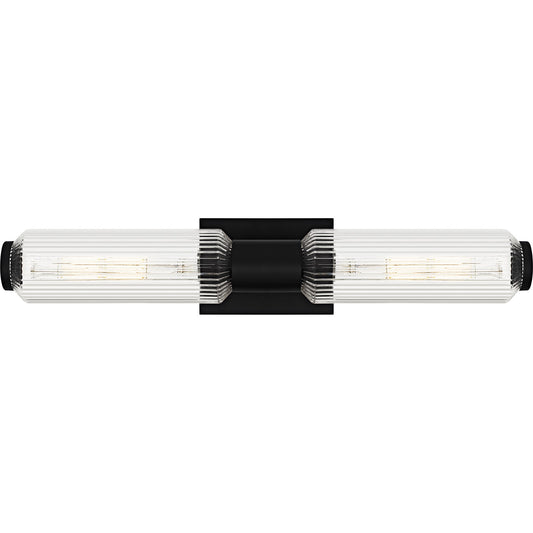 Quoizel Hawes 24in 2-Light Bath Light | Modern Matte Black and Clear Ribbed Glass | Bathroom Vanity & Wall Sconce | Model HWS8524MBK