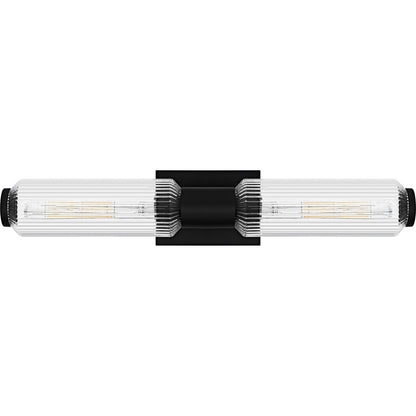 Quoizel Hawes 24in 2-Light Bath Light | Modern Matte Black and Clear Ribbed Glass | Bathroom Vanity & Wall Sconce | Model HWS8524MBK