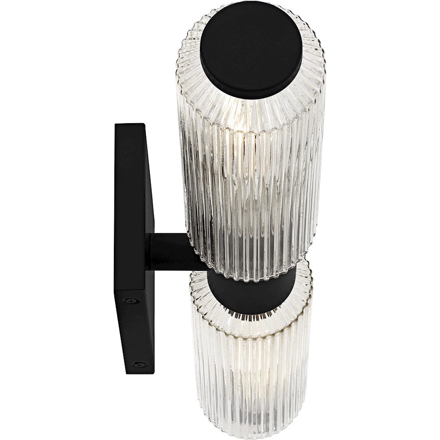 Quoizel Hawes 24in 2-Light Bath Light | Modern Matte Black and Clear Ribbed Glass | Bathroom Vanity & Wall Sconce | Model HWS8524MBK