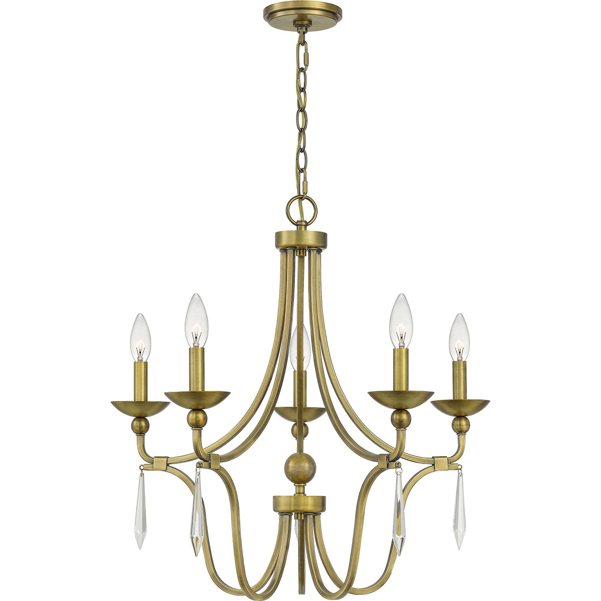 Quoizel Joules 25in 5-Light Chandelier | Traditional Aged Brass Steel with Crystal Drops | Dining Room & Foyer | 25 x 25 x 24.25 in | Model JOU5025AB
