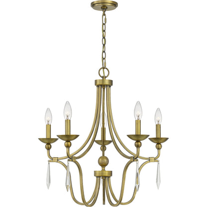Quoizel Joules 25in 5-Light Chandelier | Traditional Aged Brass Steel with Crystal Drops | Dining Room & Foyer | 25 x 25 x 24.25 in | Model JOU5025AB