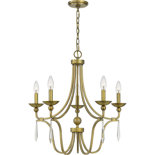 Quoizel Joules 25in 5-Light Chandelier | Traditional Aged Brass Steel with Crystal Drops | Dining Room & Foyer | 25 x 25 x 24.25 in | Model JOU5025AB