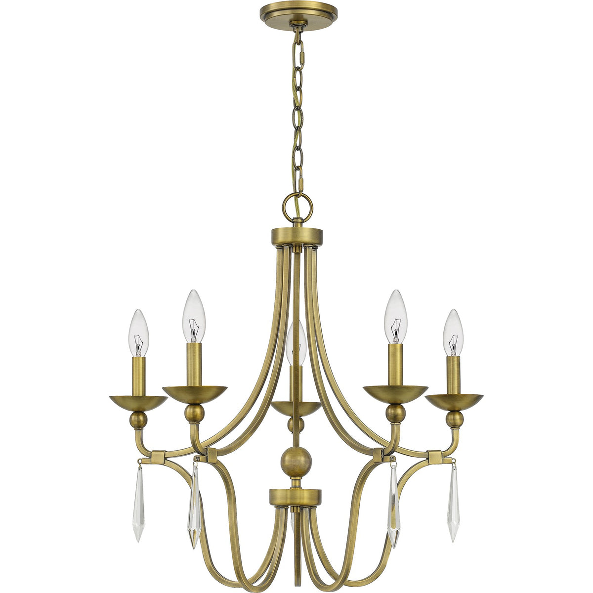 Quoizel Joules 25in 5-Light Chandelier | Traditional Aged Brass Steel with Crystal Drops | Dining Room & Foyer | 25 x 25 x 24.25 in | Model JOU5025AB